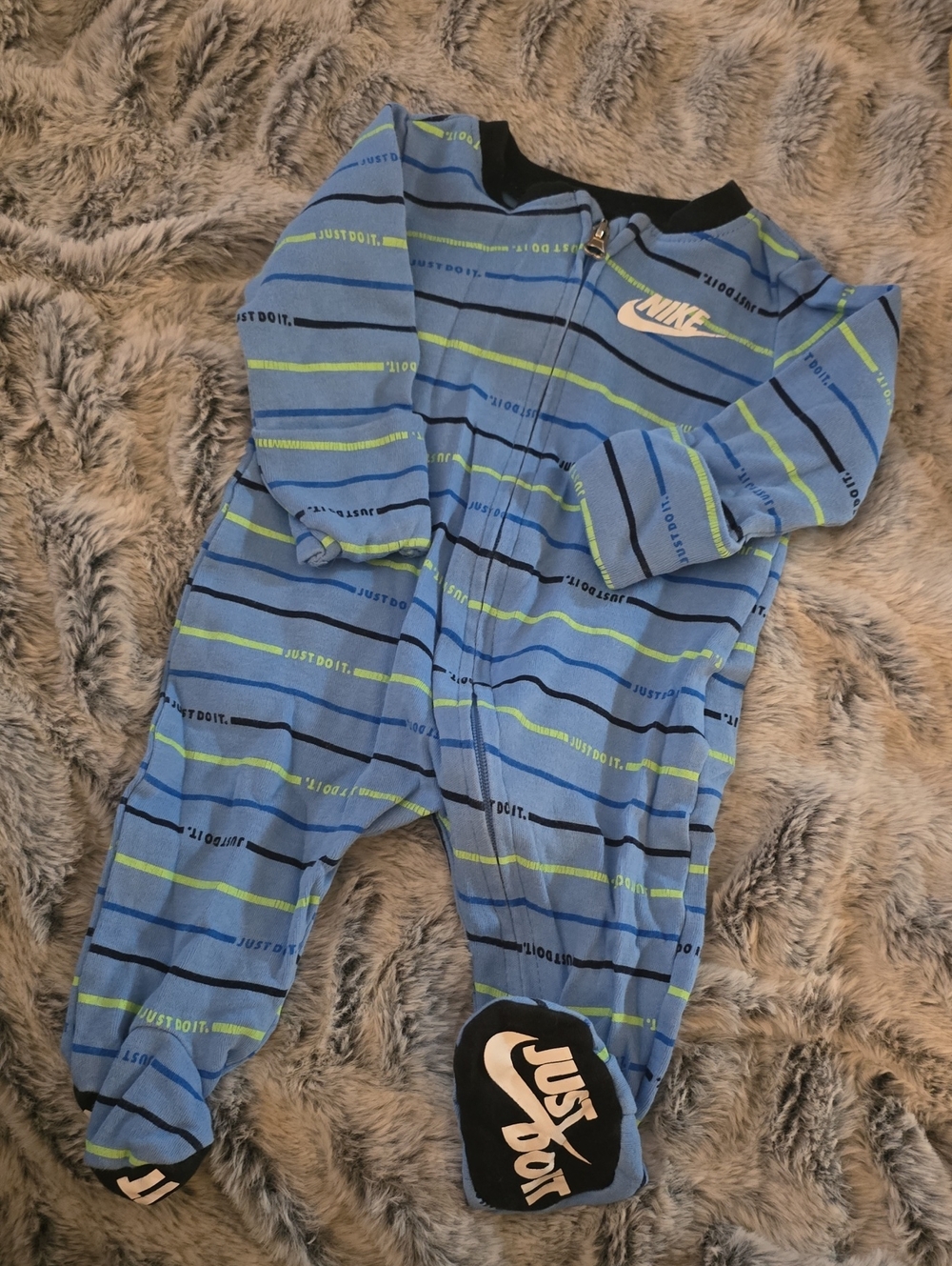 Nike Blue Striped Infant Footed One-Piece with Lime Accents